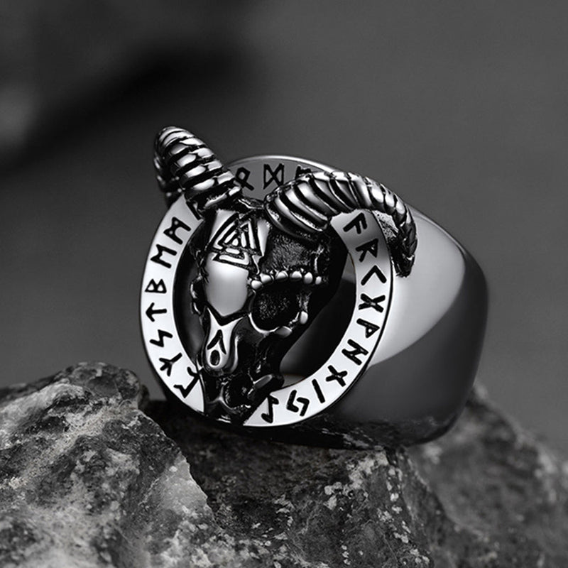 Satanic Goat Skull Ring With Viking Runes for