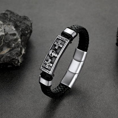 Gothic Black Skull Braided Leather Bracelet for Son Grandson