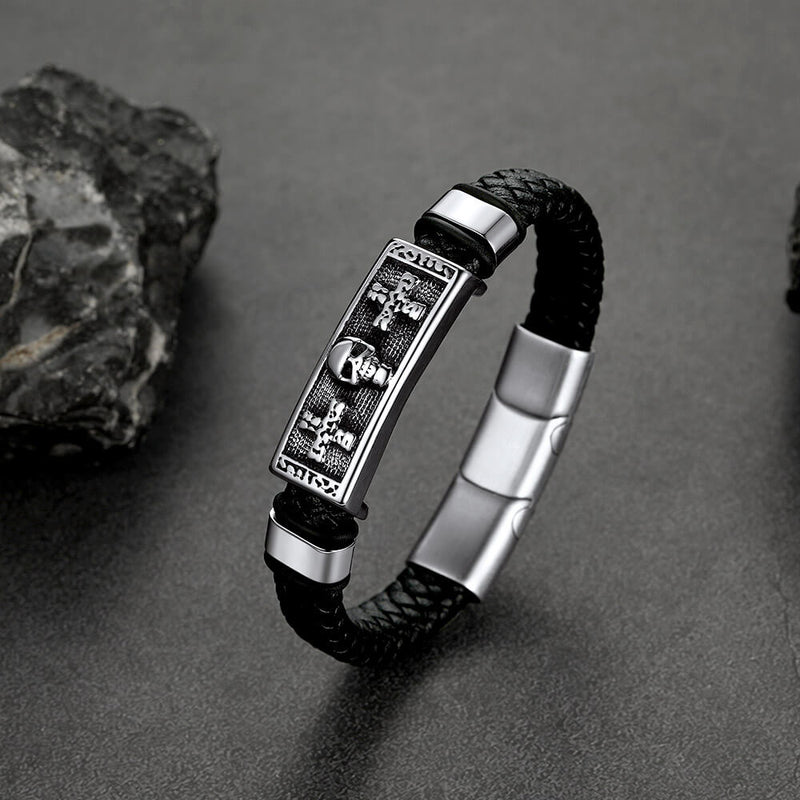 Gothic Black Skull Braided Leather Bracelet for Son Grandson