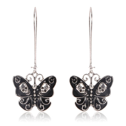 Gothic Black Skull Butterfly Earrings