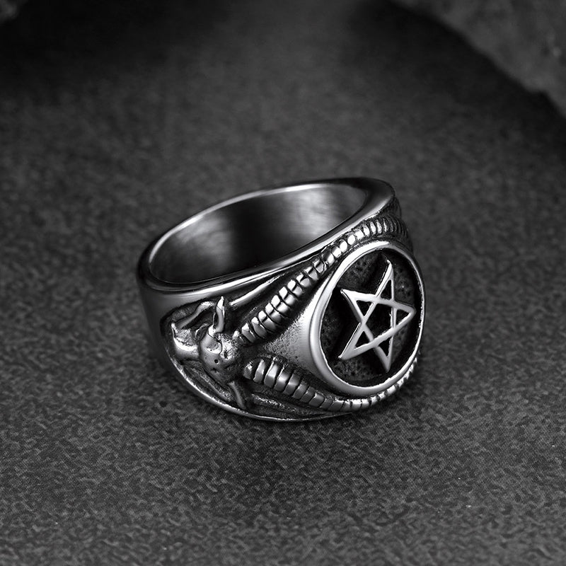 Satanic Goat Pentagram Ring Baphomet Ring for