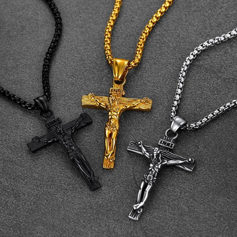 Flat Box Chain & Jesus Cross Layered Necklaces Set for
