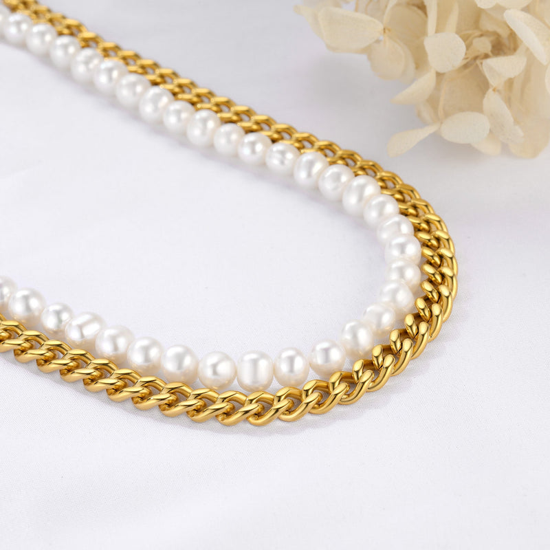 Freshwater Pearl & Cuban Link Chain Necklace for