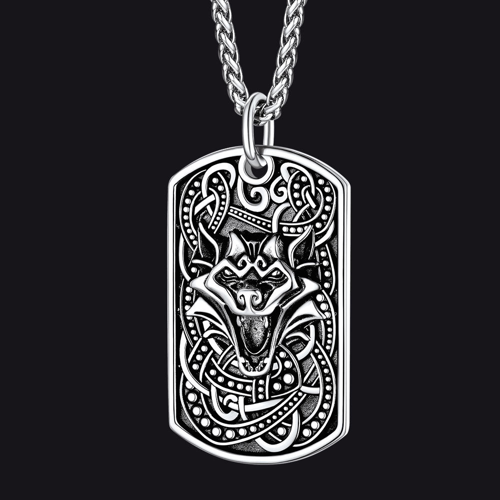 Engraved Viking Celtic Wolf Dog Tag Necklace for