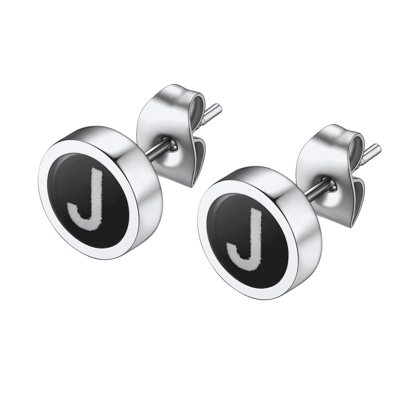Personalized Black Enamel Initial Letter Stud Earrings for