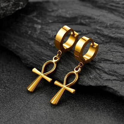 Ankh Cross Dangle Hoop Earrings for