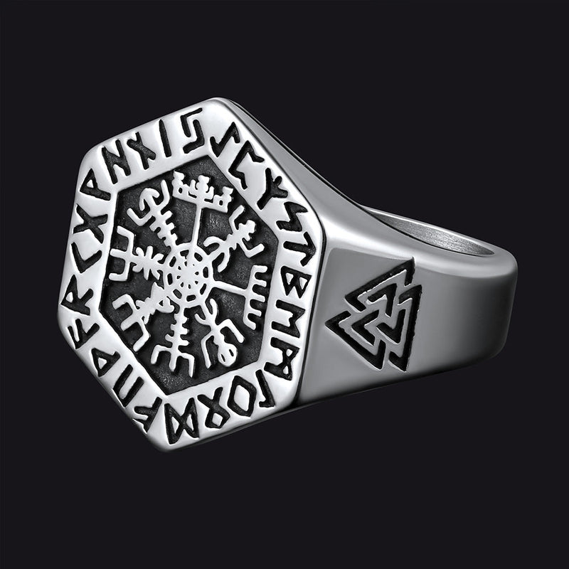 Viking Hexagon Compass Ring With Runes for