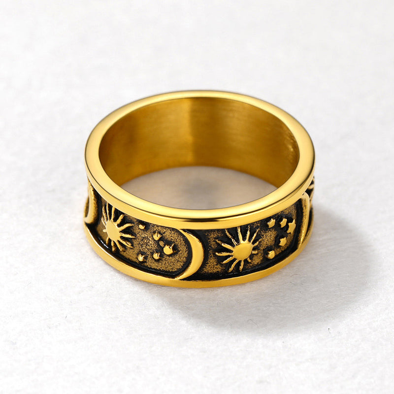 Stainless Steel Sun Moon Star Band Ring for