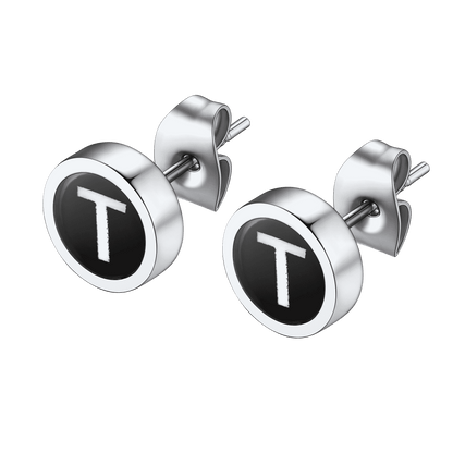 Personalized Black Enamel Initial Letter Stud Earrings for