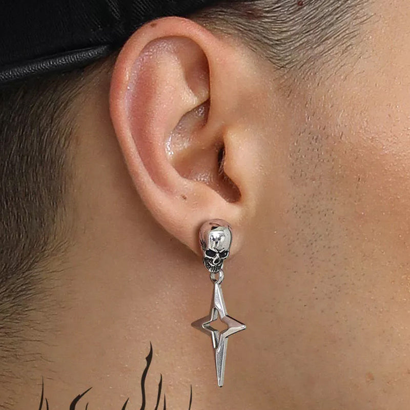Flash Skull Dangle Stud Earrings With Cross Star for