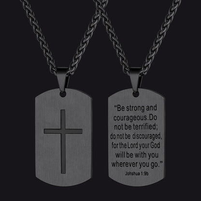 Christian Joshua 1:9 Dog Tag Cross Necklace for