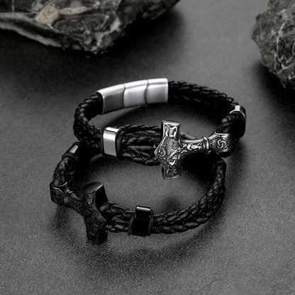 Viking Black Engraved Leather Braided Wristband Bracelet for