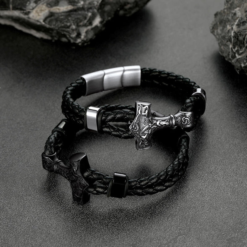 Viking Thor's Hammer Mjolnir Braided Leather Bracelet Gift for