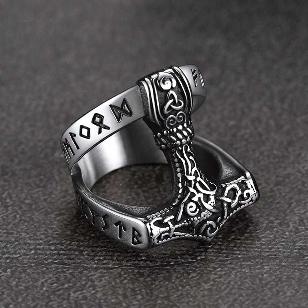 Viking Mjolnir Thor's Hammer Ring With Rune for