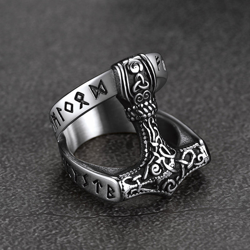 Viking Mjolnir Thor's Hammer Ring With Rune for