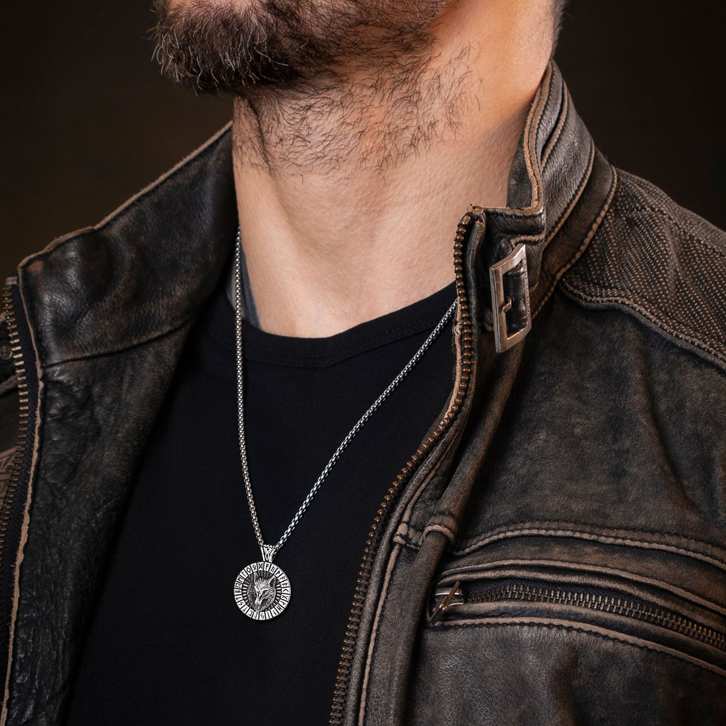 Viking Wolf Medal Necklace With Runes Jewelry for