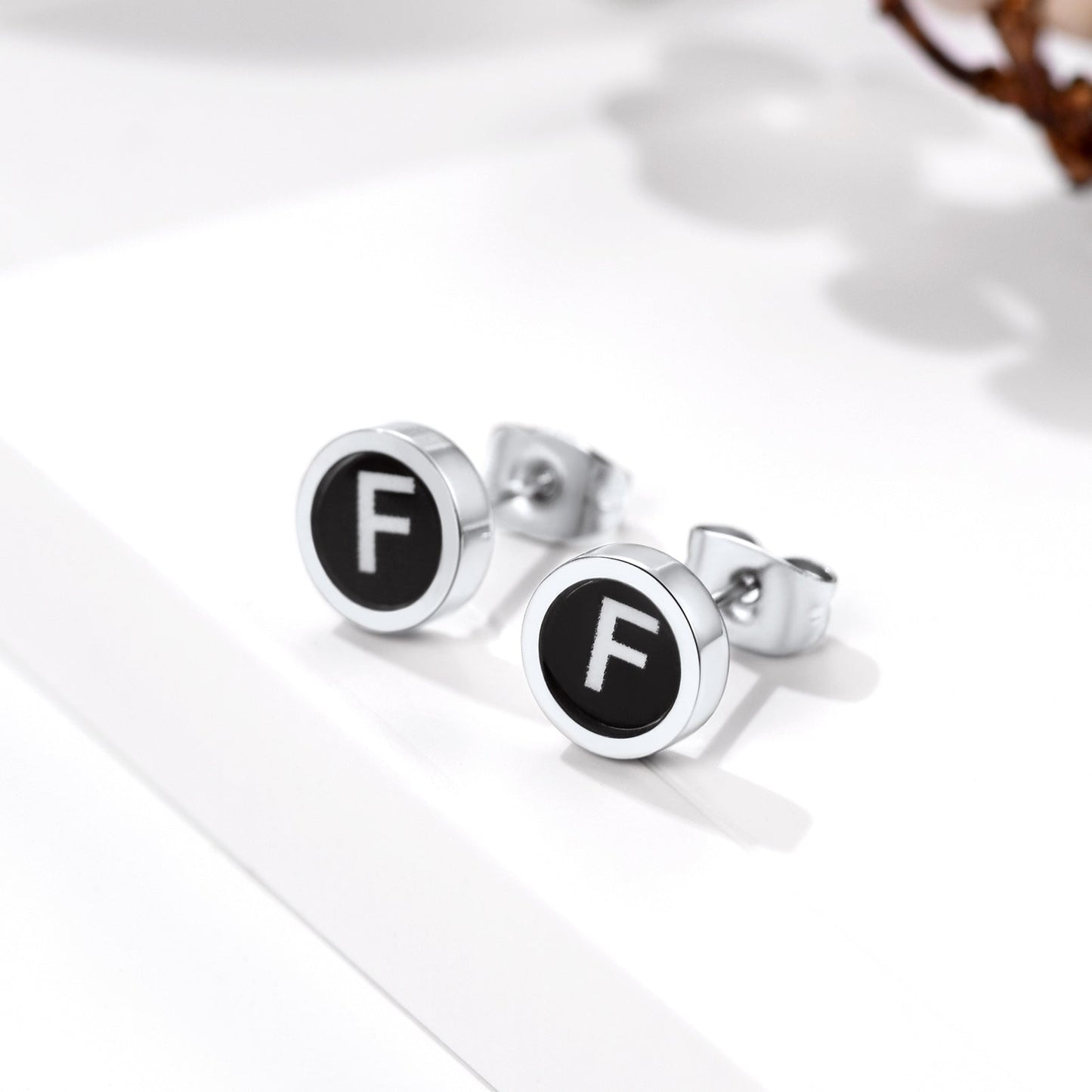 Personalized Black Enamel Initial Letter Stud Earrings for