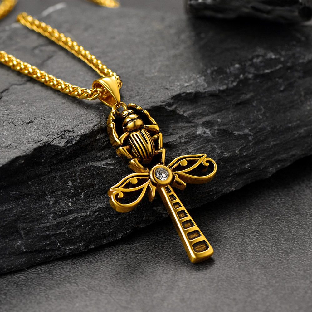 Egyptian Scarab Ankh Cross Necklace for