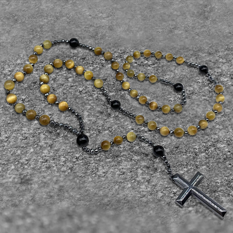 80 Cm Cross Stone Bead Biker Rosary Necklace