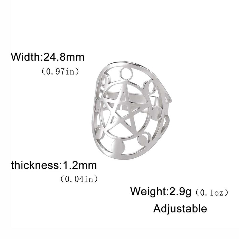 Mystical Stainless Steel Moon Phase Pentacle Ring