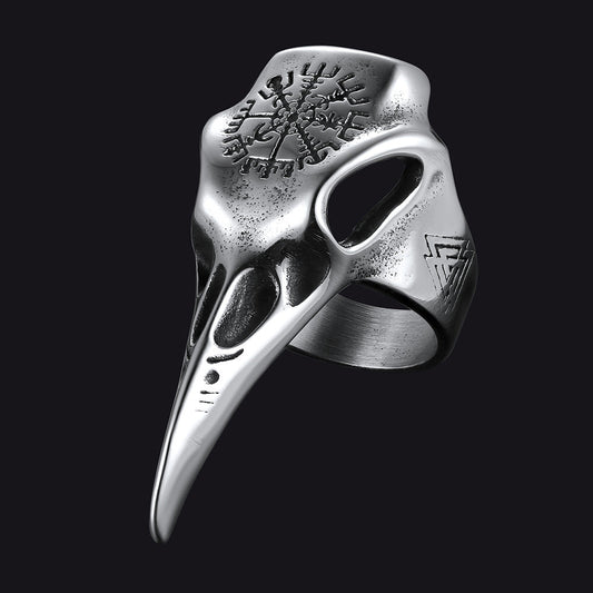 Raven Skull Ring With Viking Compass for