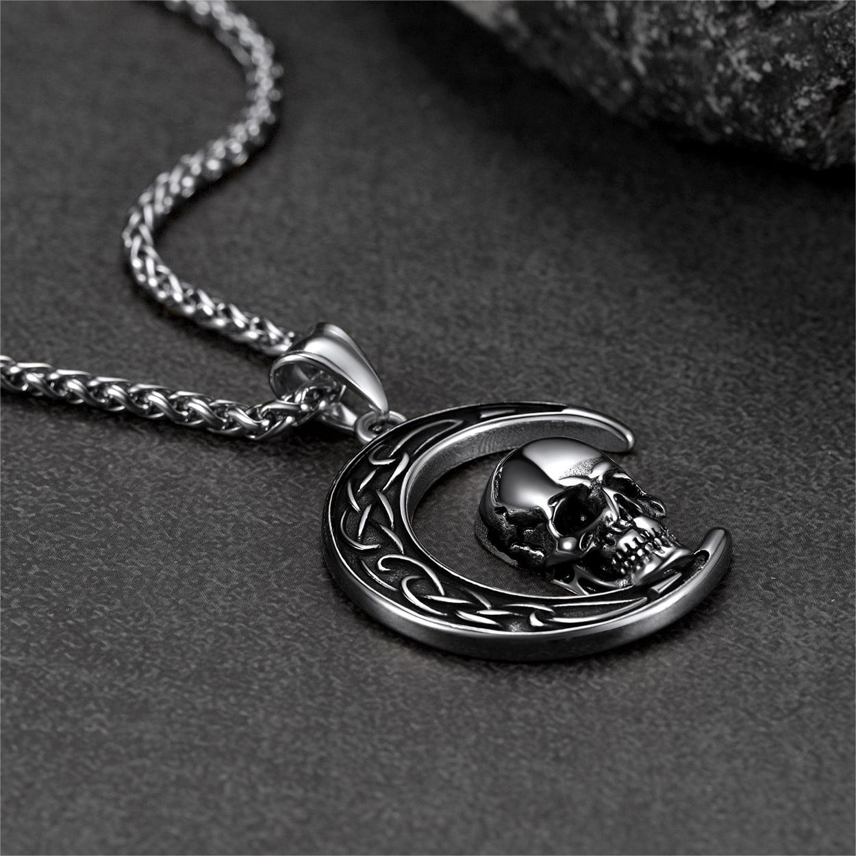 Flash Celtic Crescent Moon Skull Necklace for