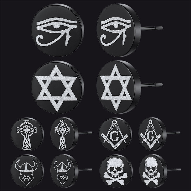 Religious Black Stud Earrings Set for 6 Pairs