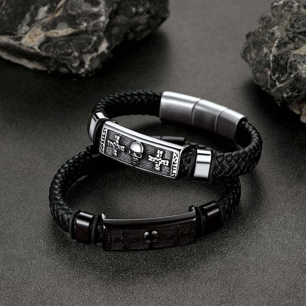 Gothic Black Skull Braided Leather Bracelet for Son Grandson