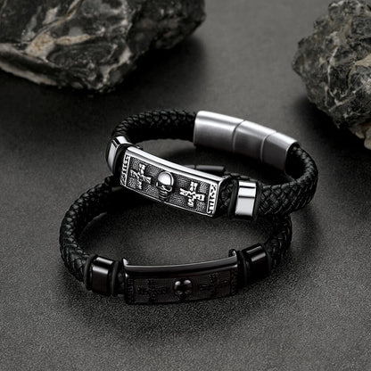 Gothic Black Skull Braided Leather Bracelet for Son Grandson