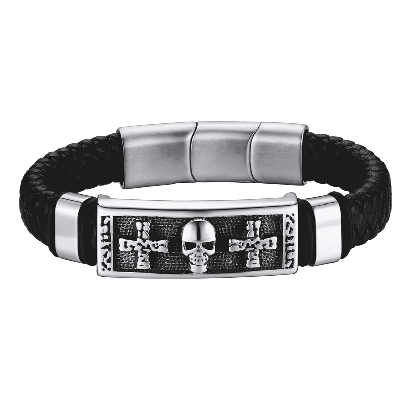 Gothic Black Skull Braided Leather Bracelet for Son Grandson