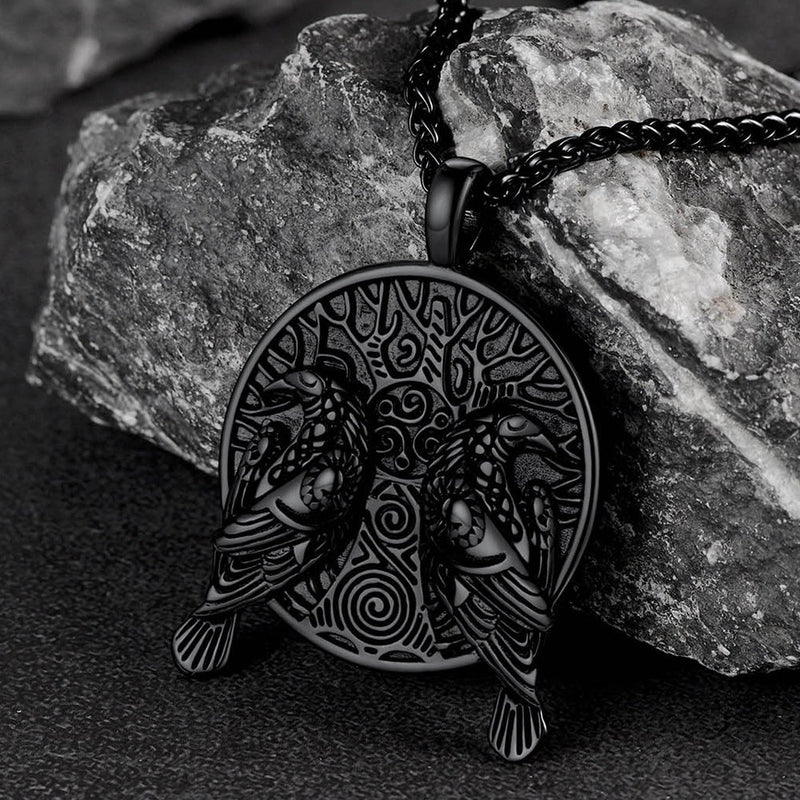 Viking Huginn and Muninn Ravens Coin Necklace for