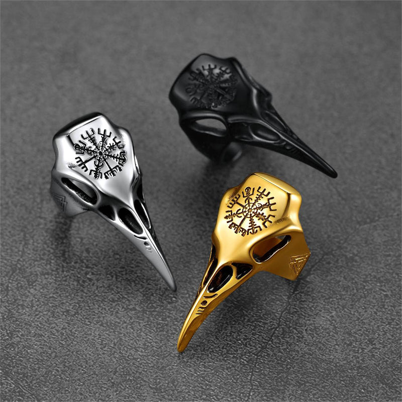 Raven Skull Ring With Viking Compass for