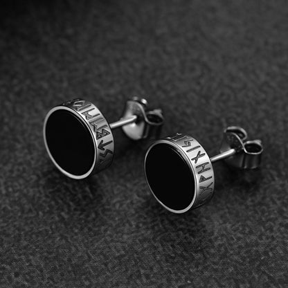 Sterling Silver Viking Runes Black Onyx Stud Earrings for