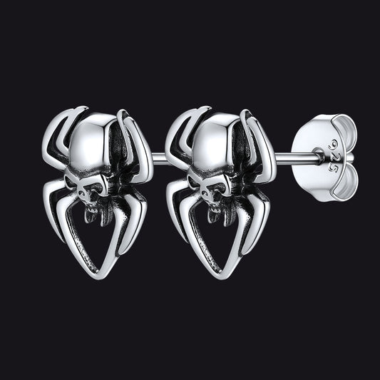 Spider Skull Stud Earrings in Sterling Silver Halloween Gift