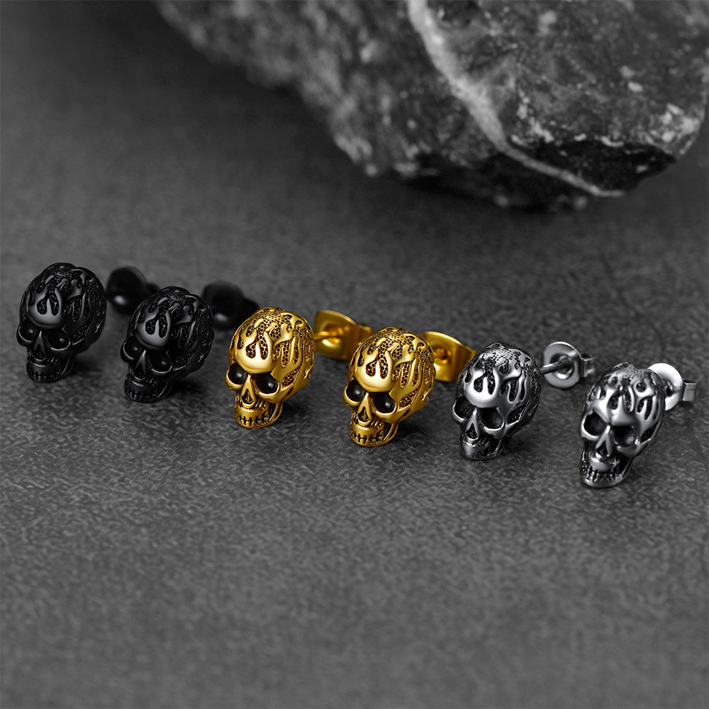 Gothic Flaming Skull Stud Earrings for