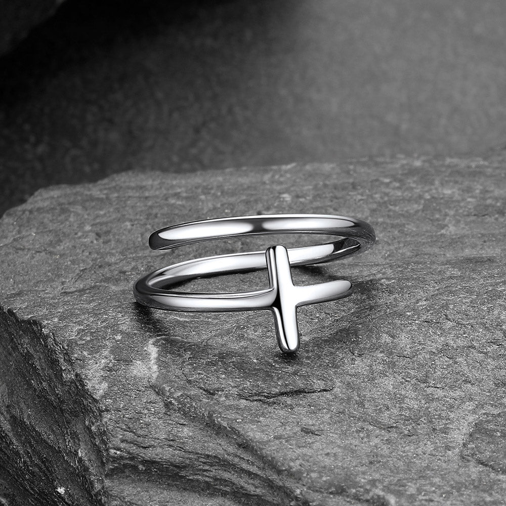 Sterling Silver Sideways Cross Ring Adjustable Open Ring for