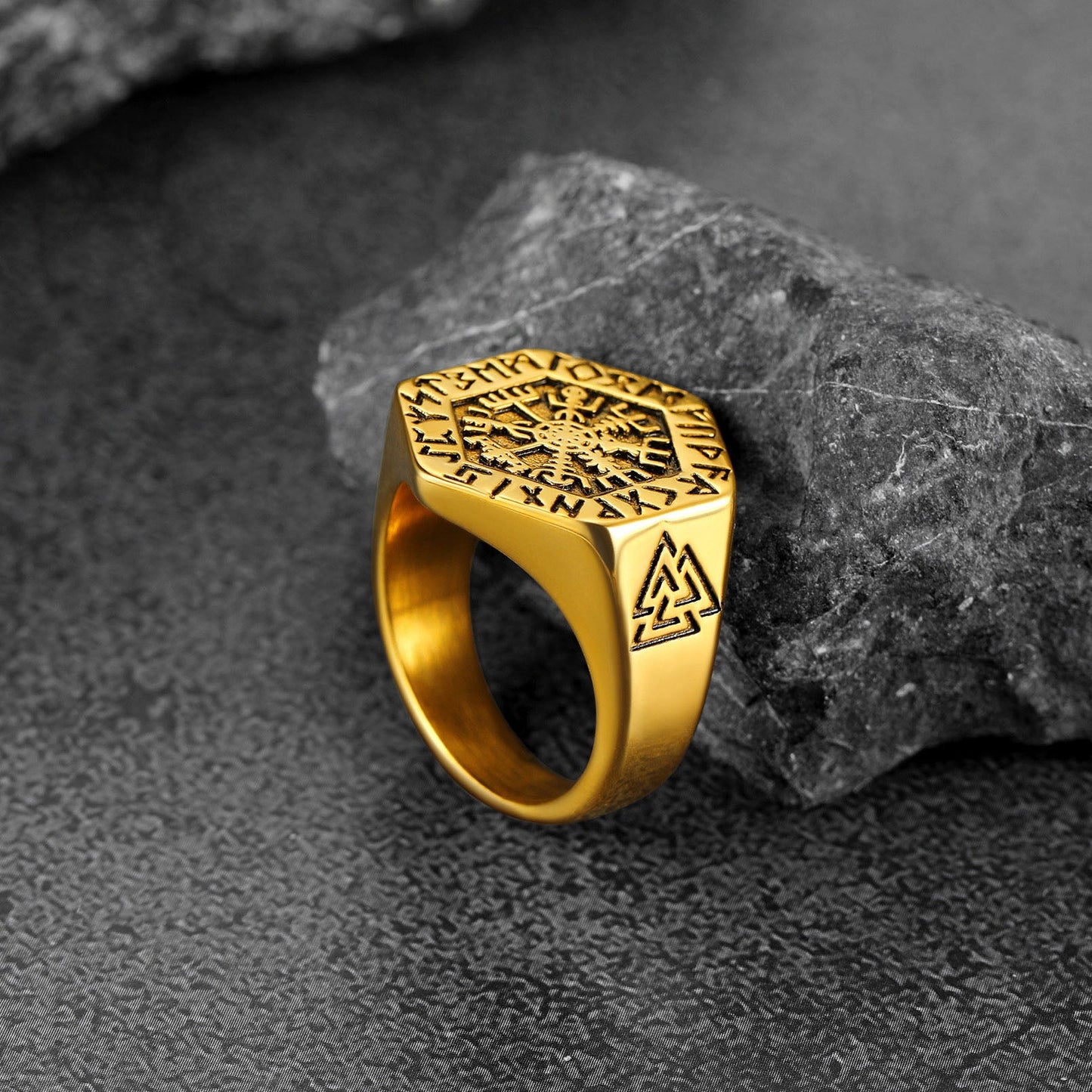 Viking Hexagon Compass Ring With Runes for