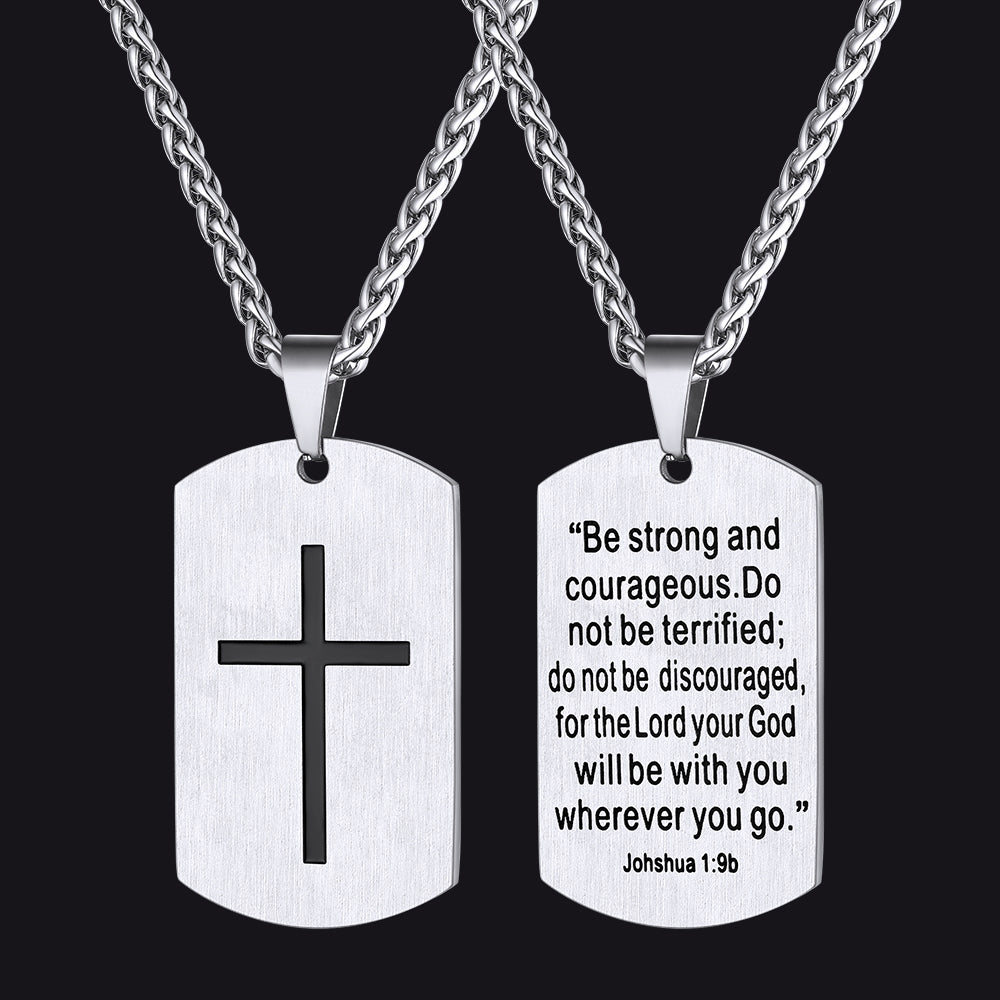 Christian Joshua 1:9 Dog Tag Cross Necklace for