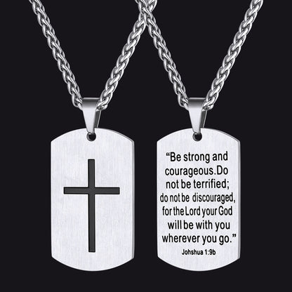 Christian Joshua 1:9 Dog Tag Cross Necklace for