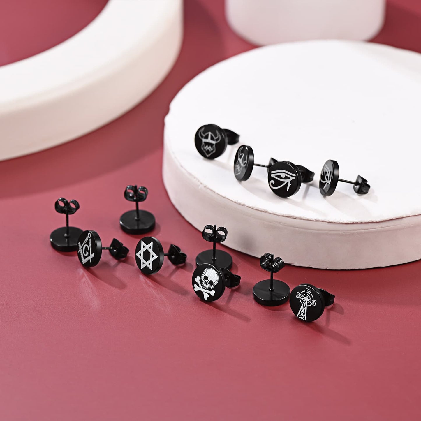 Religious Black Stud Earrings Set for 6 Pairs