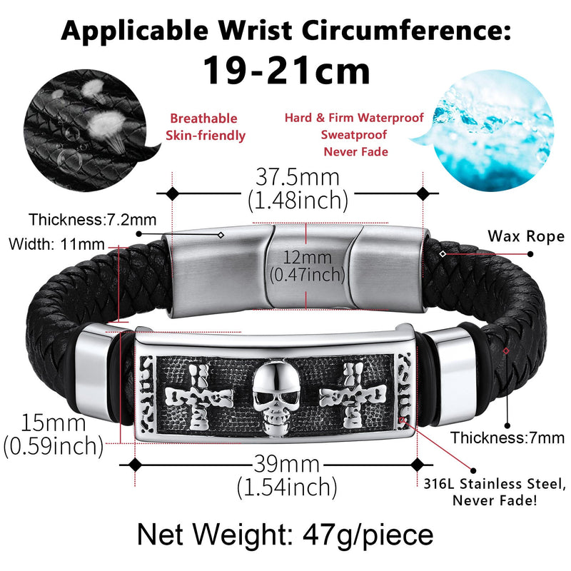 Gothic Black Skull Braided Leather Bracelet for Son Grandson