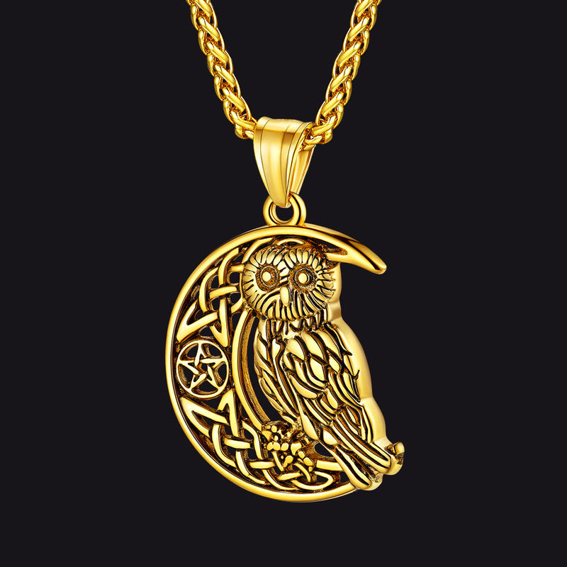 Viking Celtic Crescent Moon Owl Necklace for