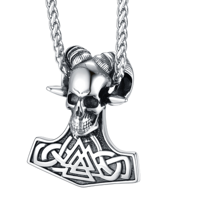 Viking Mjolnir Thor's Hammer Skull Necklace Pendant for