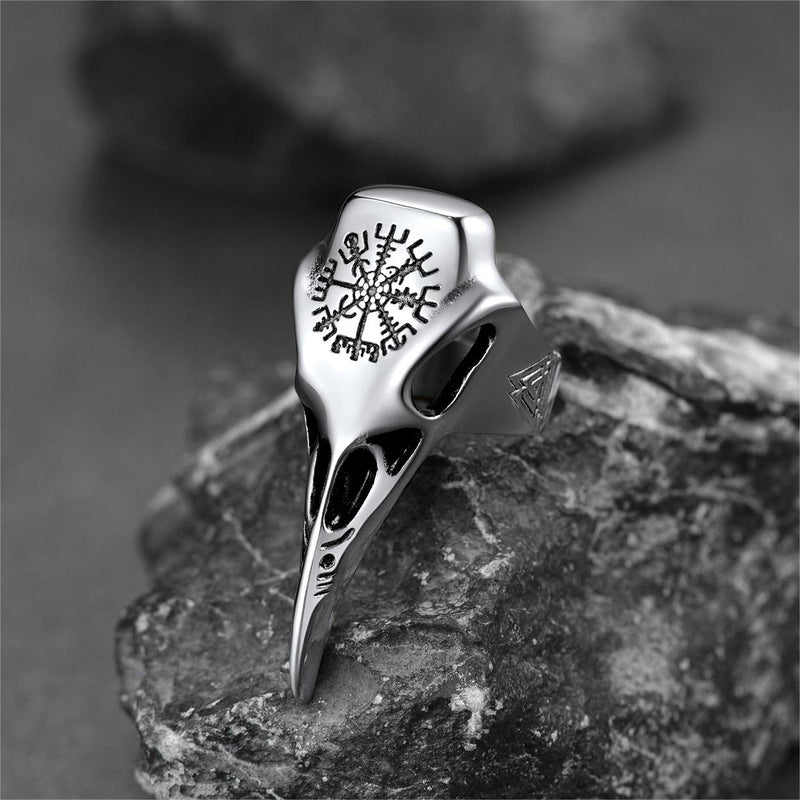 Raven Skull Ring With Viking Compass for