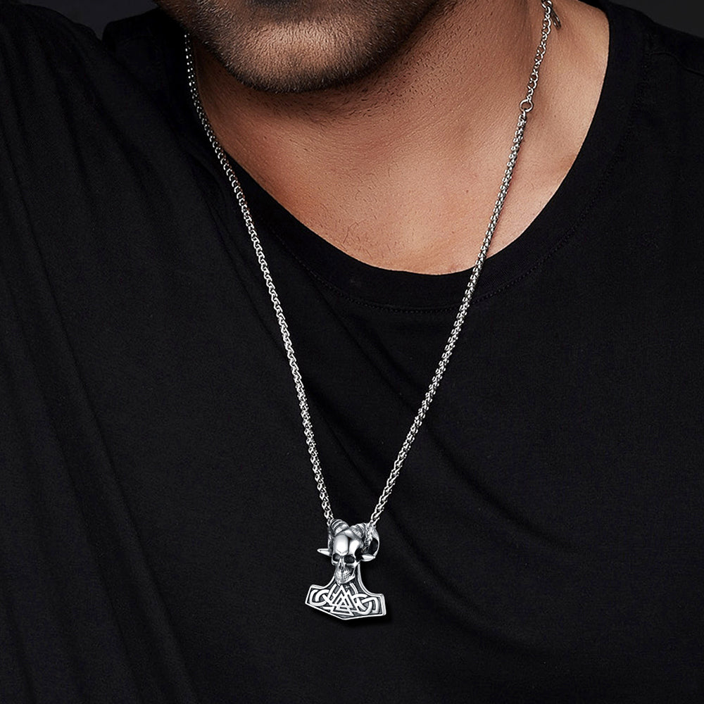 Viking Mjolnir Thor's Hammer Skull Necklace Pendant for