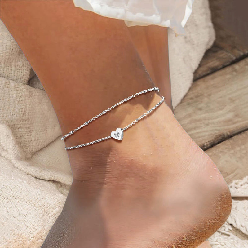 Initial Letter Heart Anklet Chain Layered Anklet for