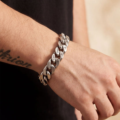 Personalized Multi Names Cuban Chain Bracelet With Cross Gift for Him , 12mm Width