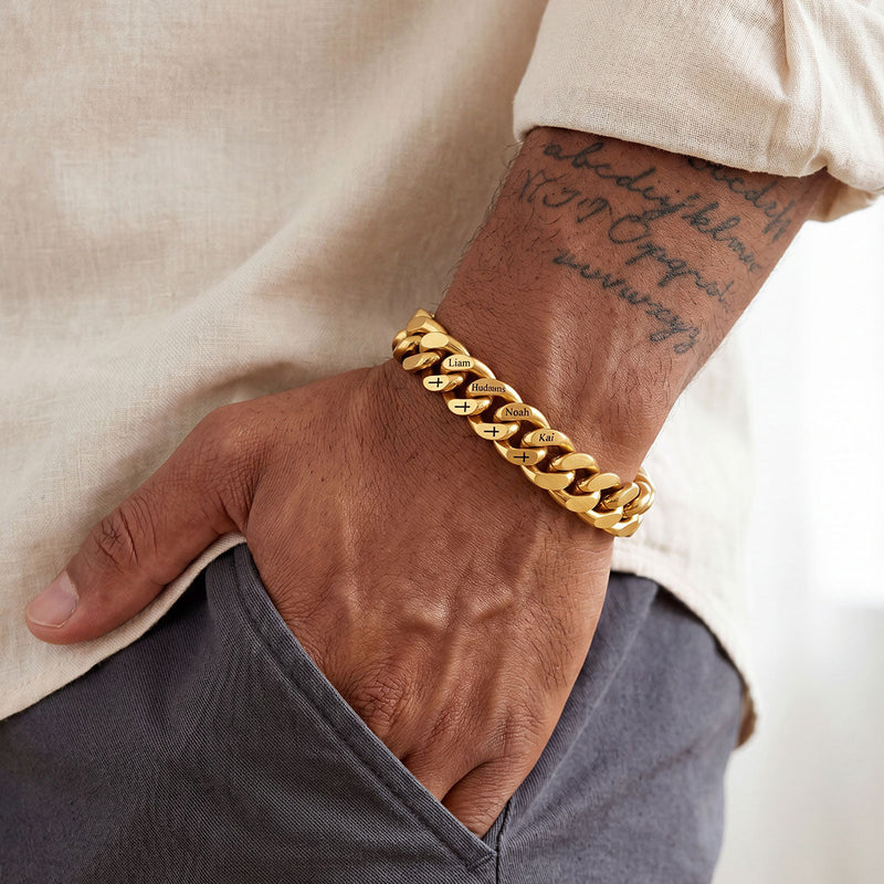 Personalized Multi Names Cuban Chain Bracelet With Cross Gift for Him , 12mm Width