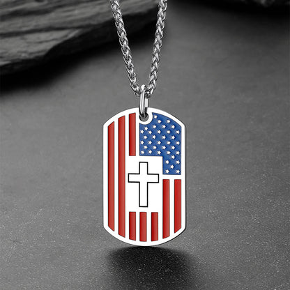 Engraved American Flag Cross Dog Tag Necklace for