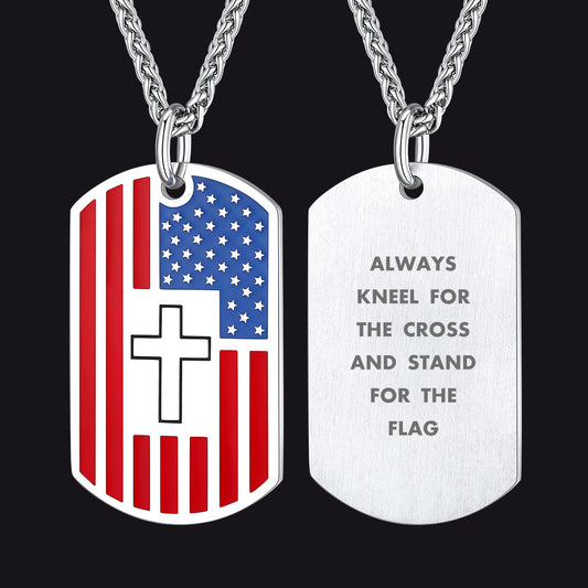 Engraved American Flag Cross Dog Tag Necklace for